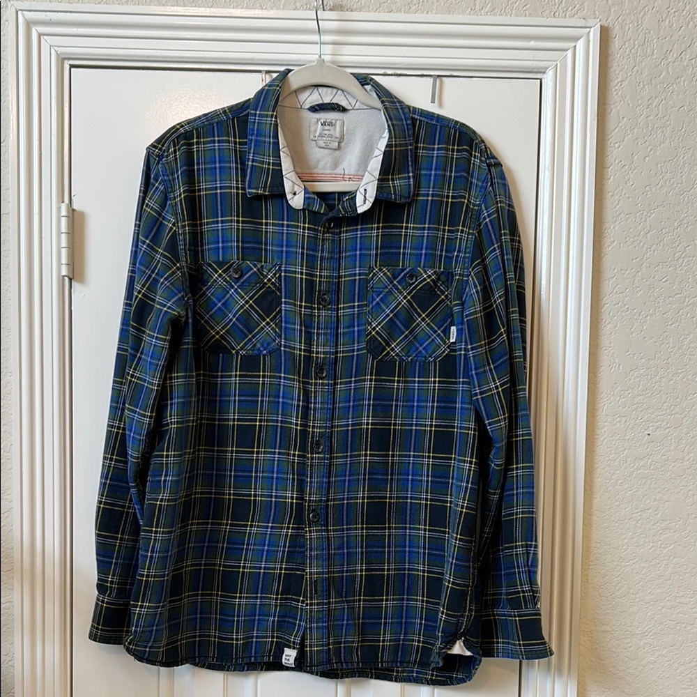 Vans Off The Wall Plaid Flannel Long Sleeve Button Down Shirt Blue Green Mens L